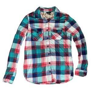 Rue 21 Lace Pink Turquoise Blue White Flannel Plaid Shirt Top Women’s Small
